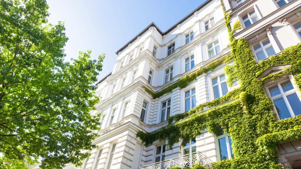 white facade with green vine growing, large apartment building