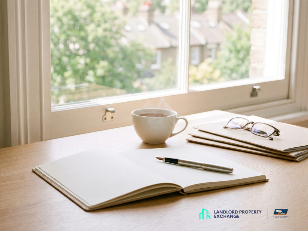 An open blank notebook, fountain pen and cup of tea on a desk beside a sunlit window overlooking rooftops