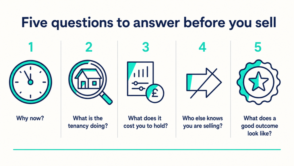 The five questions to answer before you sell a tenanted property: why now, what the tenancy is doing, what it costs you to hold, who else knows you are selling, and what a good outcome looks like.