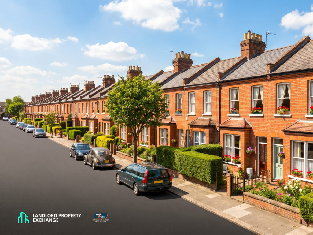 A full street of occupied red-brick terraced houses in bright sunshine with no For Sale boards