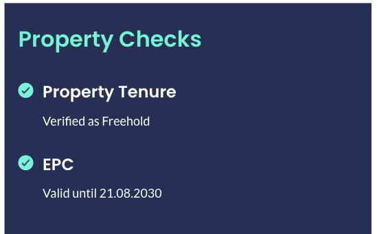An LP Exchange listing's Property Checks panel showing property tenure verified as freehold and an EPC valid until 2030
