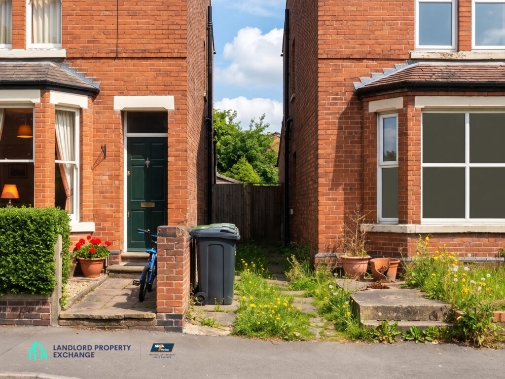 Two adjacent brick houses in bright daylight: one lived in with open curtains and a bicycle by the door, one empty with an overgrown path